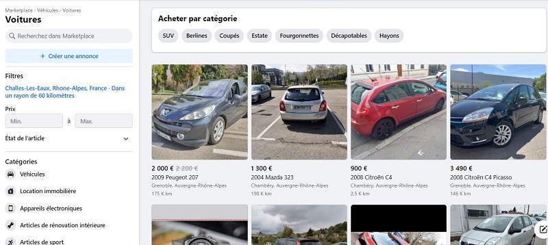 La Marketplace de Facebook est un site pour acheter une voiture d'occasion